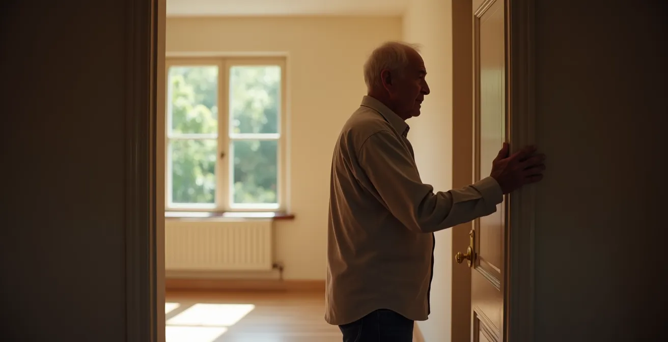 Personne senior en réflexion dans son salon, regardant une chambre vide