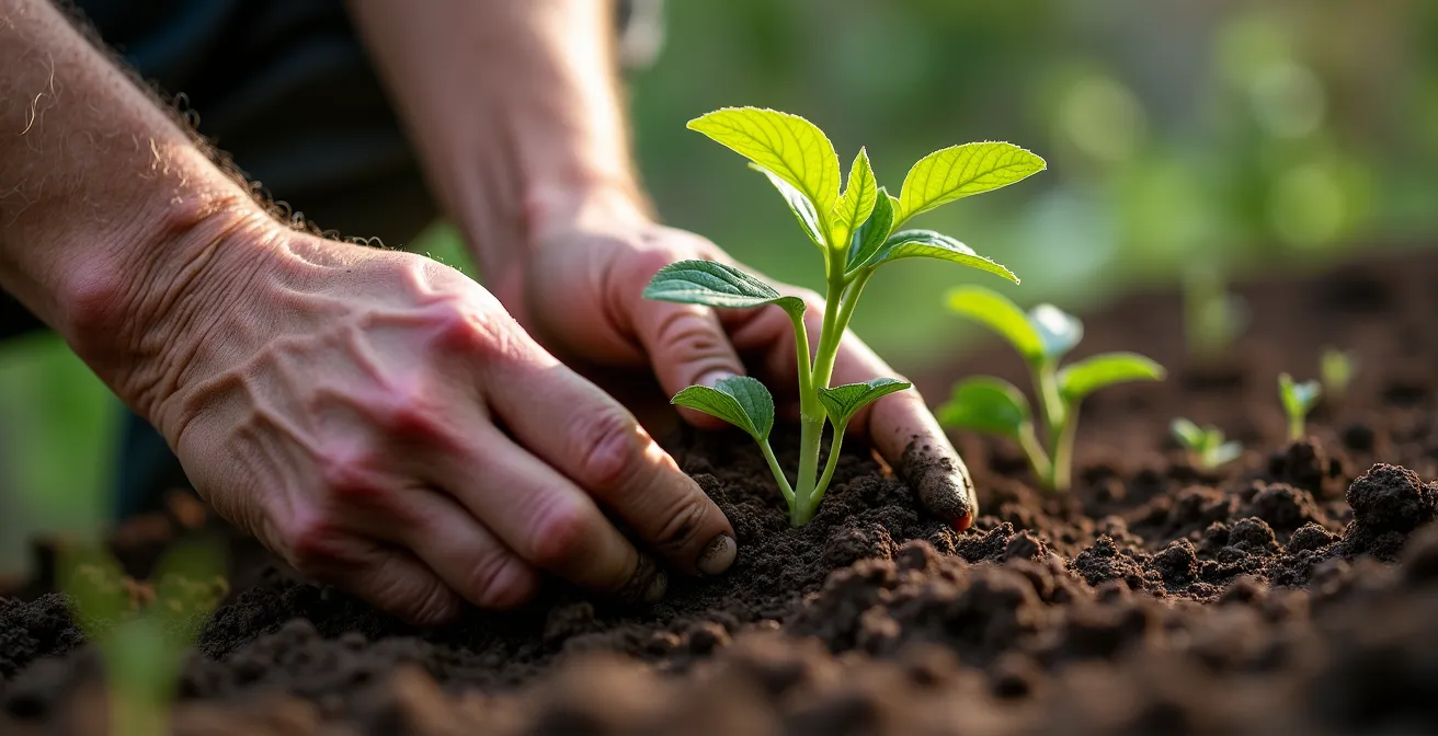 Gros plan sur les mains d'un senior travaillant la terre