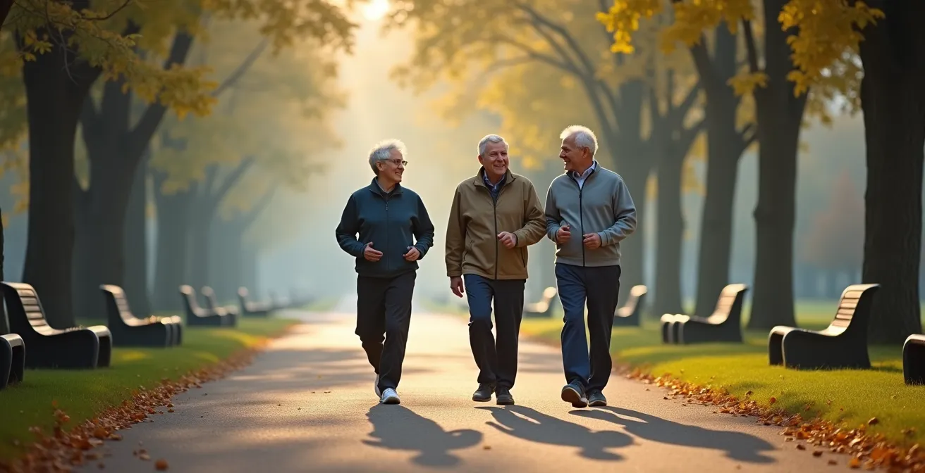 Groupe de seniors pratiquant la marche matinale dans un parc arboré
